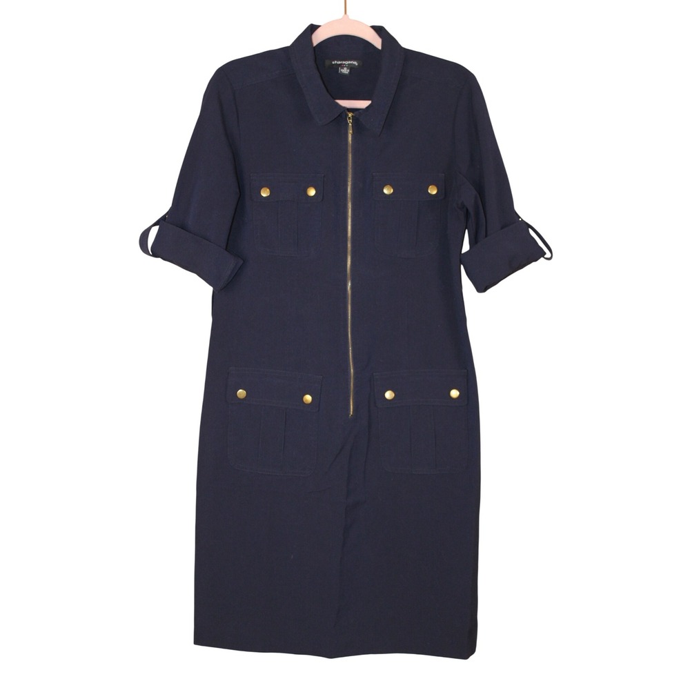 Sharagano Cargo Smart Casual Safari Navy Blue 4 Cargo Style Flap Shirt Dress 10